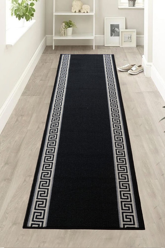 Non Slip Meander Bordered Black Design Low Pile Rug Runner with Wide Options