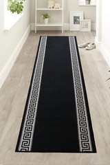 Non Slip Meander Bordered Black Design Low Pile Rug Runner with Wide Options