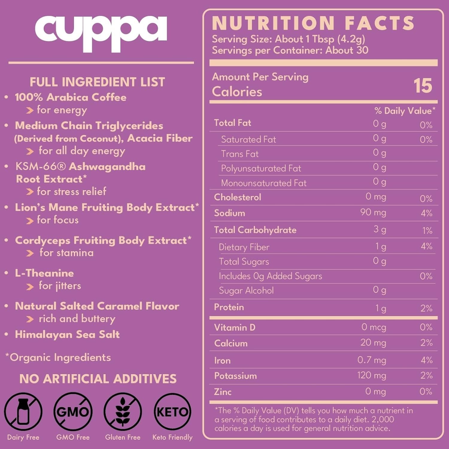Cuppa Salted Caramel Mushroom Coffee with Adaptogens & Superfoods - 30 Servings gallery