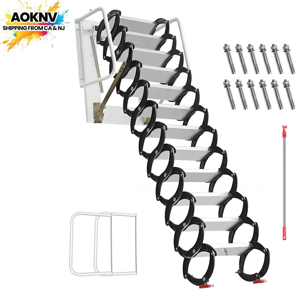 10FT 1102LBS Wall Mounted Attic Attic Ladder 12 Alloy Steel Pull Down Stairs