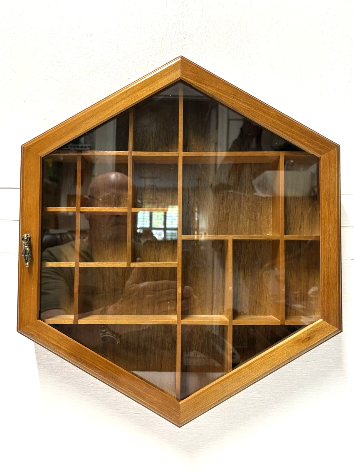 Curio Shadow Box Display Cabinet 20 Compartment Solid Wood Glass Panel Door VTG gallery