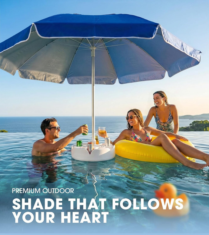 7FT Floating Table Umbrella with Base & Cup Holder, Portable Pool Umbrella for i gallery