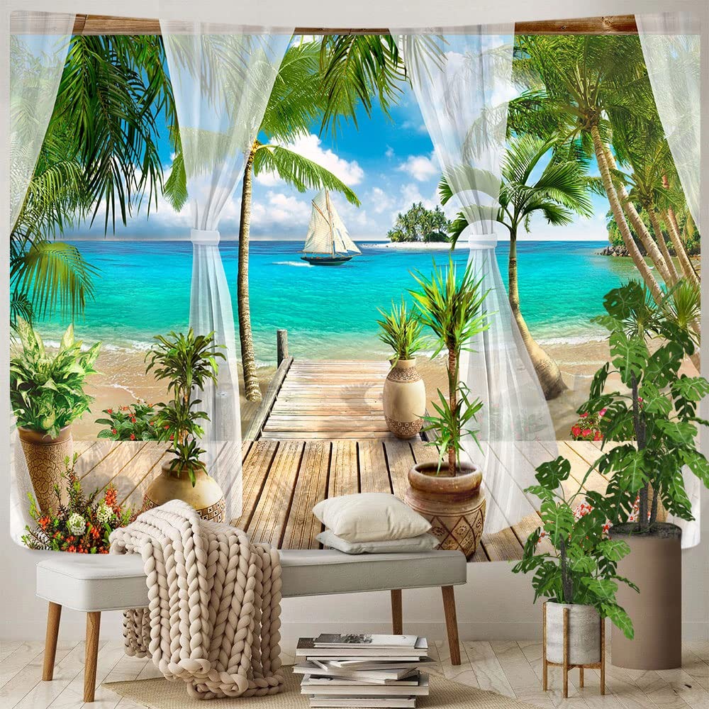 Ocean Beach Tapestry, Nature Coconut Palm Tree Garden 60"L x 40"W, gallery
