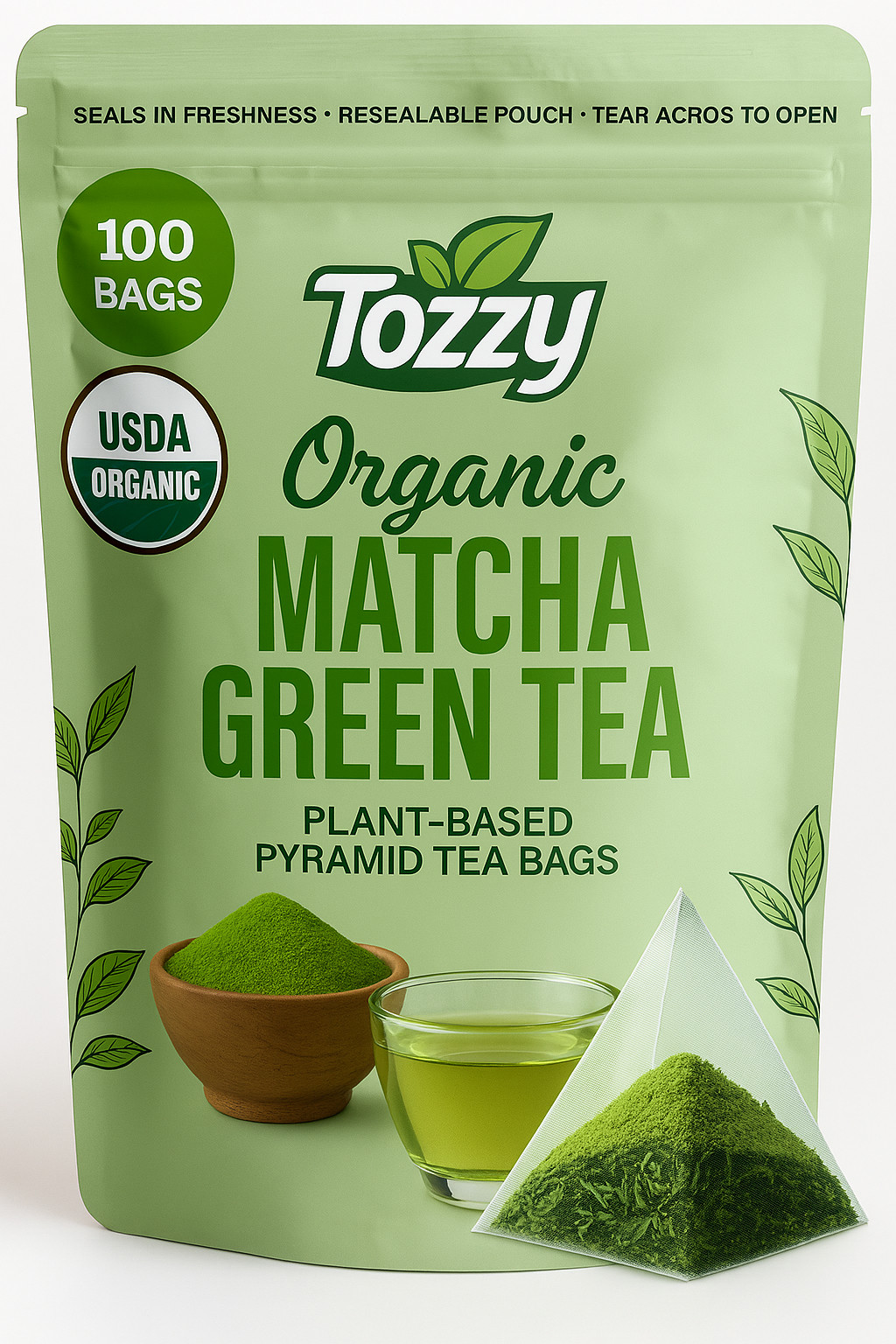 Organic Matcha Green Tea - 100 Count (Plant-Based Pyramid Tea Bags) | Ceremonial gallery