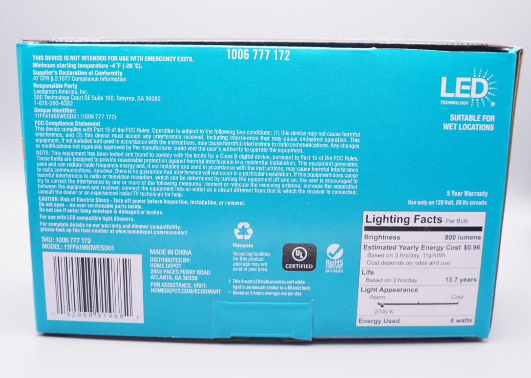 EcoSmart Light Bulbs 60W Soft White Dimmable, A19, 800 Lumens, 2700K, Box of 4 gallery