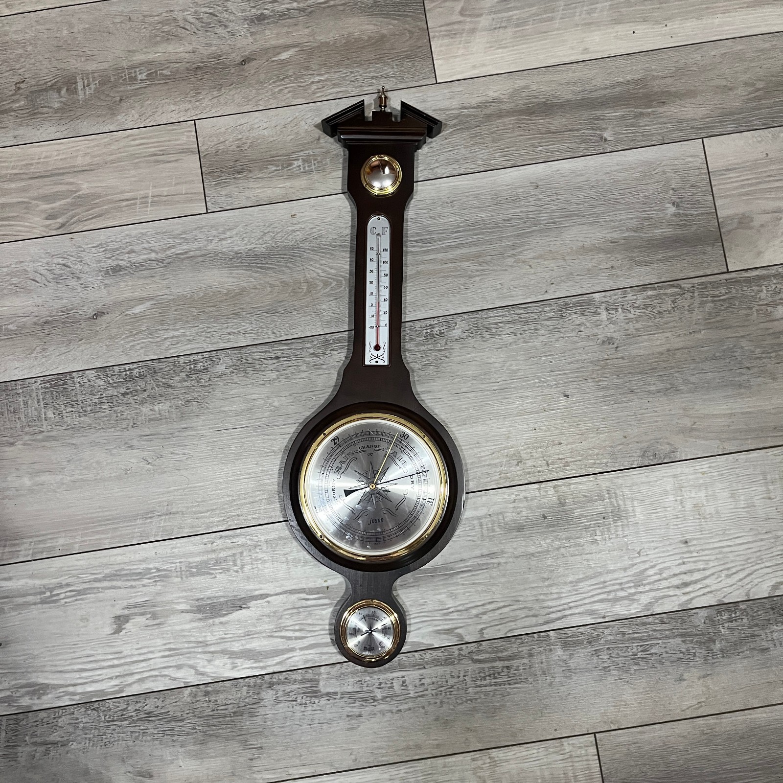 Vintage Wooden Barometer Thermometer Weather Station 28x9 in gallery