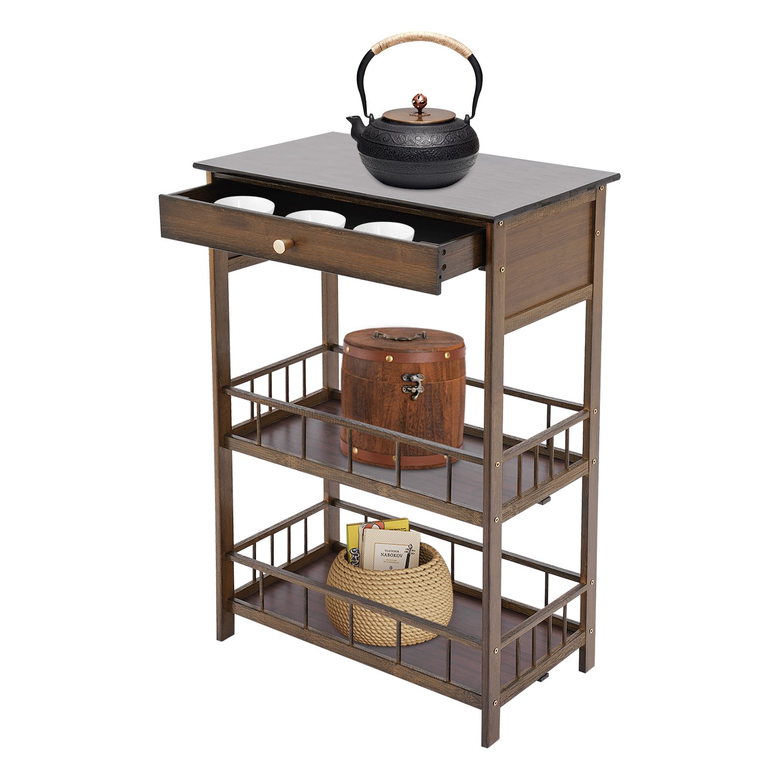 3 Tiers Side Table Side Table with Storage Drawer Bamboo End Table Tea Table gallery