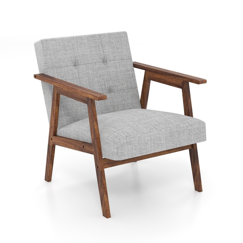 Chair Solid Wood Framed Leather Mid-Century Armchair light Gray for Living Room gallery