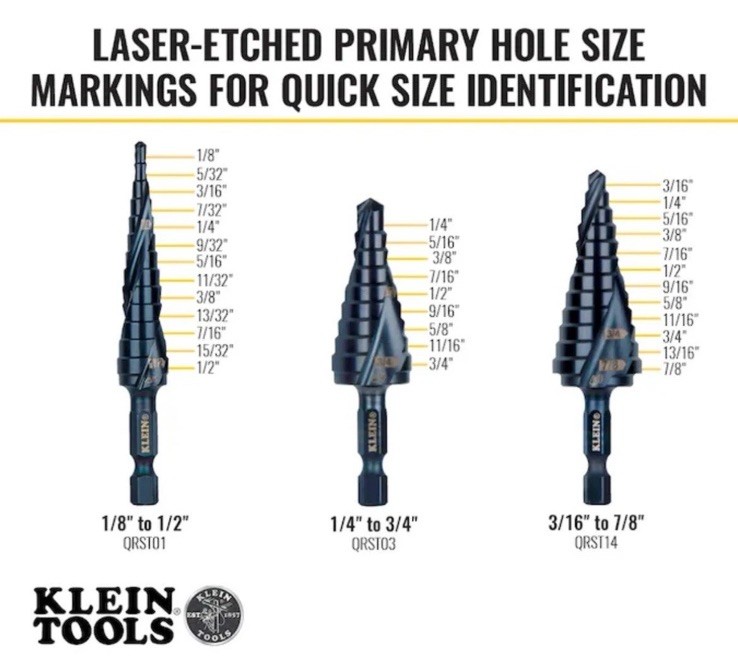 Klein Tools 3 Piece Premium Quick Release All Purpose Step Bit Kit QRST3PC (NEW) gallery
