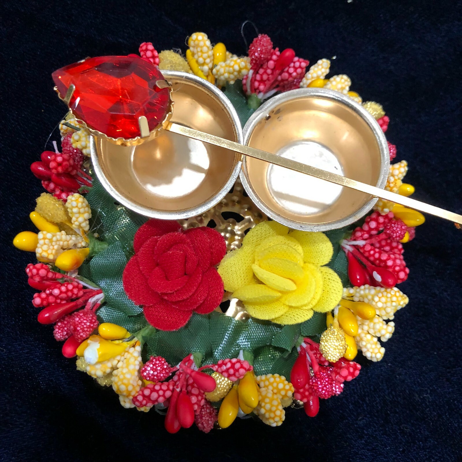 Tika Tilak platter with red stone stick. yellow and red flowers gallery