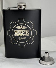 8 oz Black Flask – Vault-Tec Style Engraving – Fallout Sci-Fi Gift – Free Ship