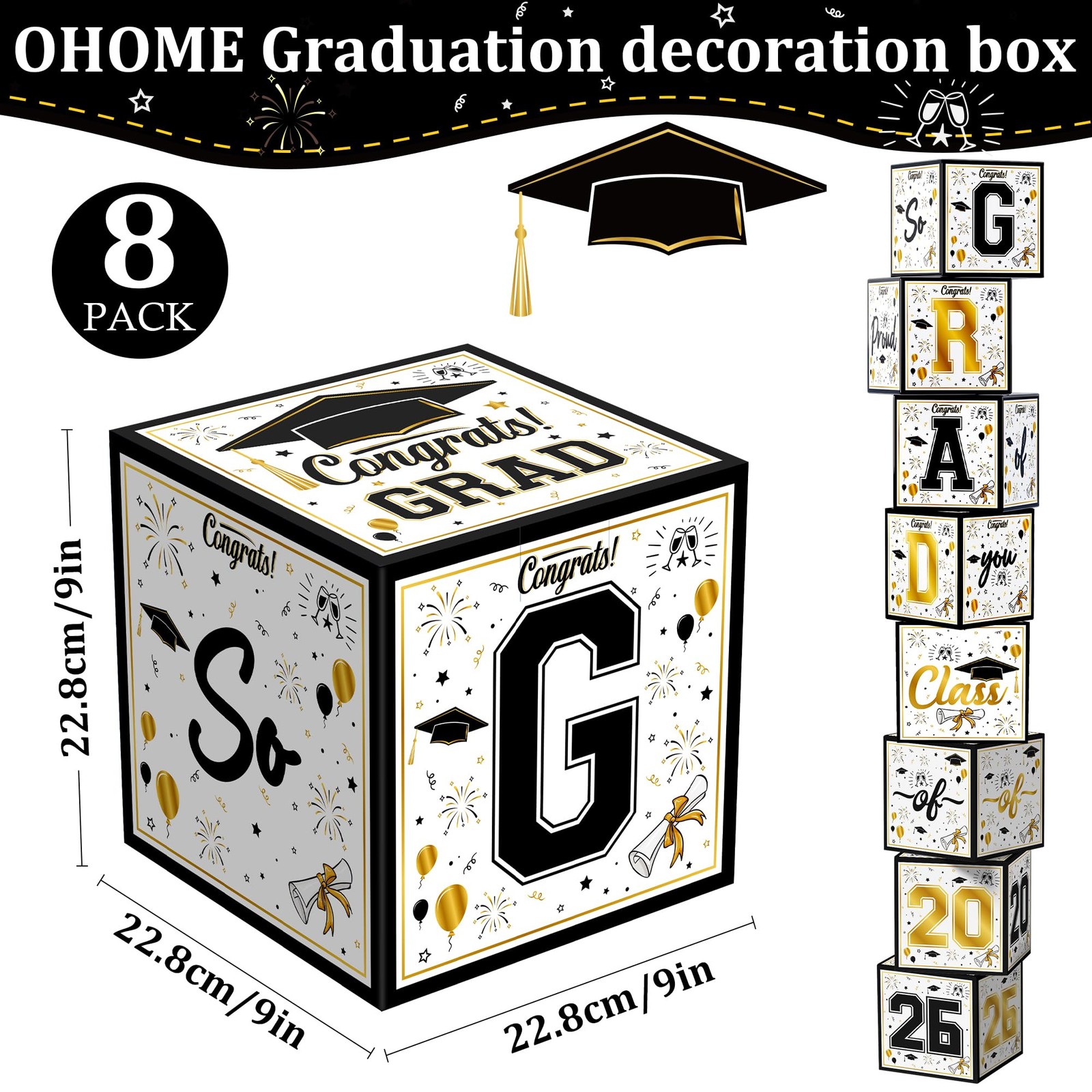 8 Pack Graduation Decorations 2026 - Black Gold Balloon Boxes for Class of 2026. gallery