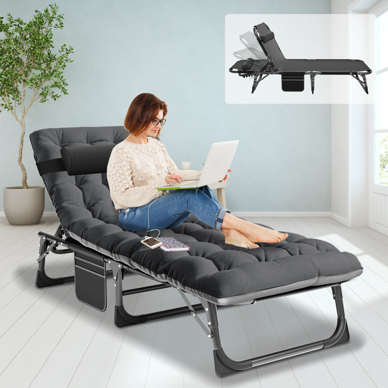 New 4 Level Adjustable Cot Rollaway Folding Bed Black Frame with Black Mattress gallery