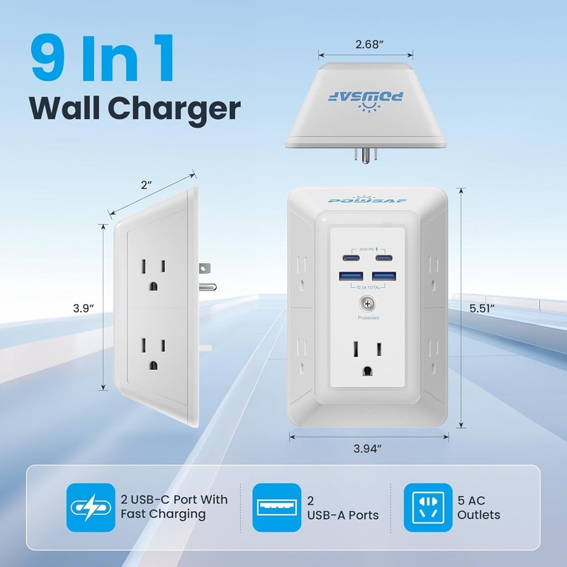 Multi Plug Outlet Surge Protector - POWSAF 5 Outlet Extender with 4 USB Ports(2 gallery