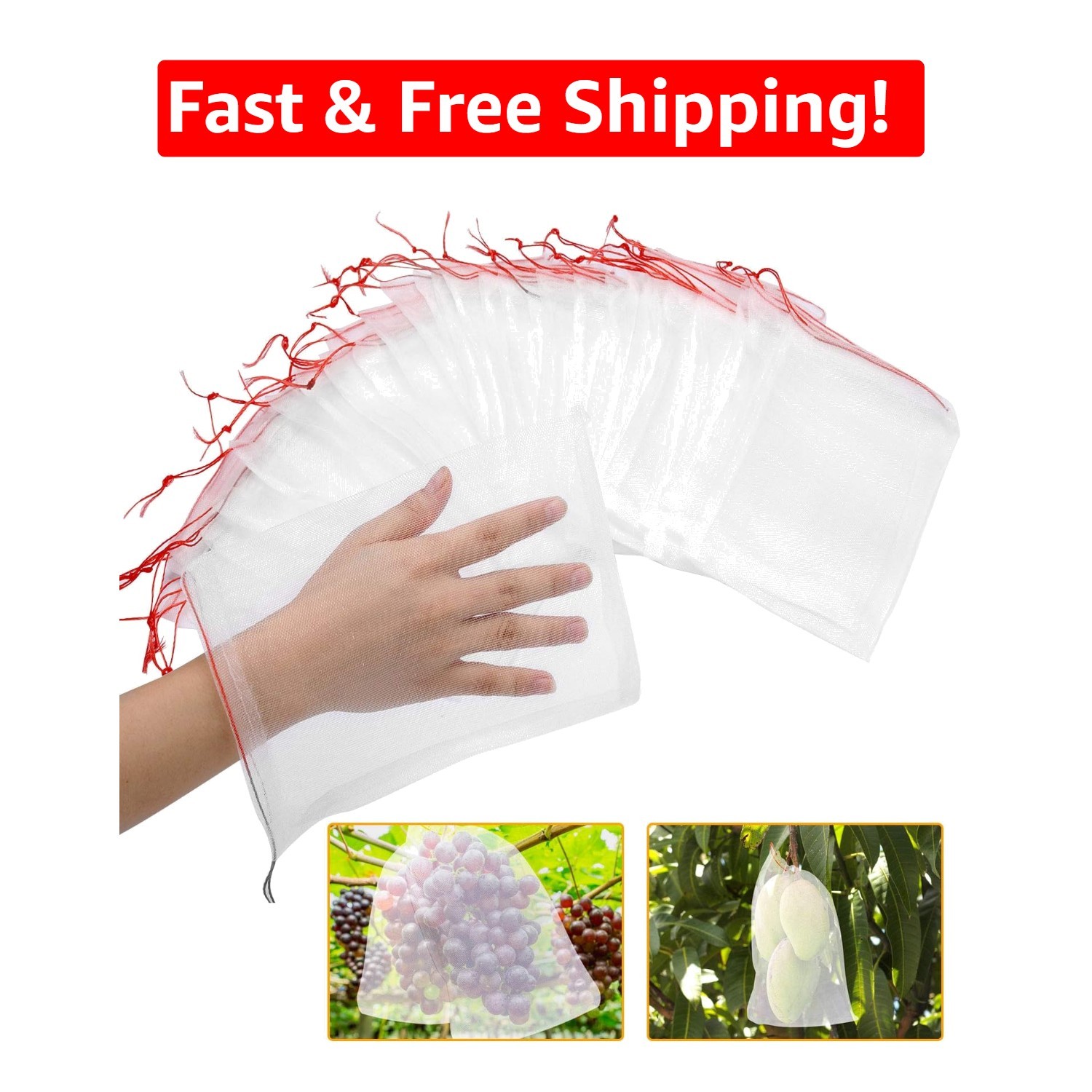 50 Pcs 10"x6" White Fruit Protection Netting Bags with Drawstring for Garden Use gallery