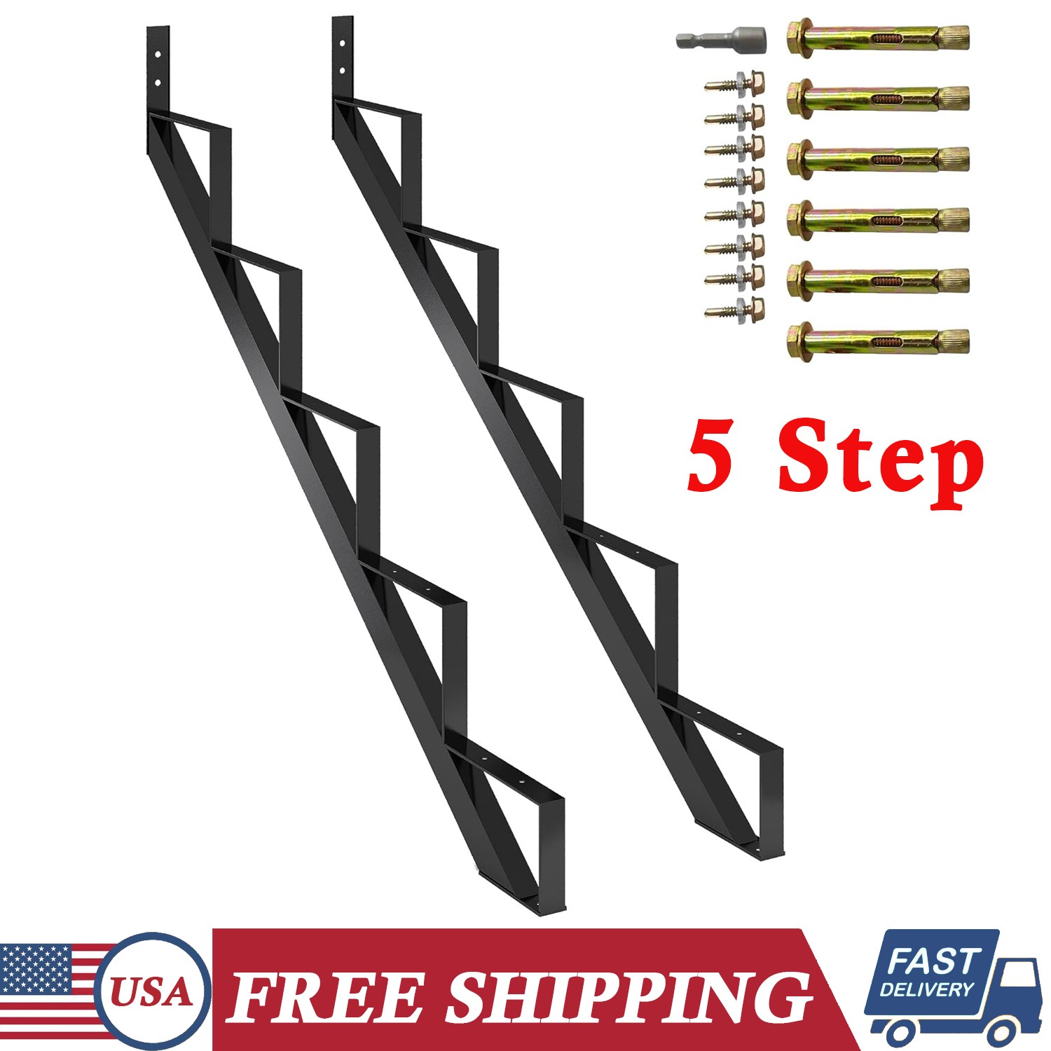 2 Pack Steel Stair Step Riser 5 Step Steel Stair Stringer for Deck Height 35.4'' gallery