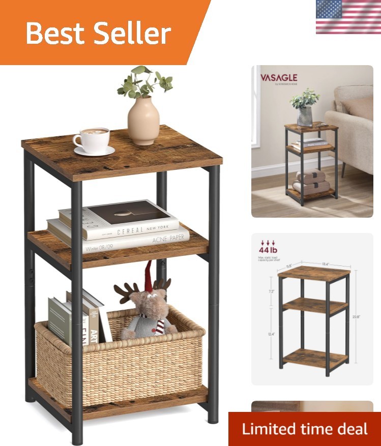 Rustic Brown & Black Industrial Side Table with 3 Storage Tiers - Compact Design