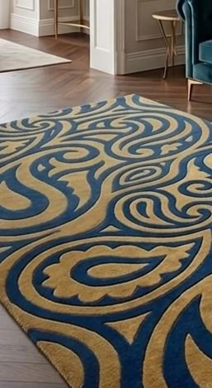 Luxury Blue Gold Hand Tufted Wool Rug, Modern Abstract Area Rug, Cut Pile Rug gallery