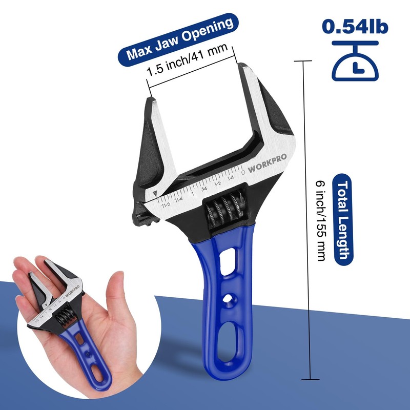 WORKPRO 4-inch Stubby Adjustable Wrench Metric/SAE Extra Wide Jaw Opening Wrench gallery