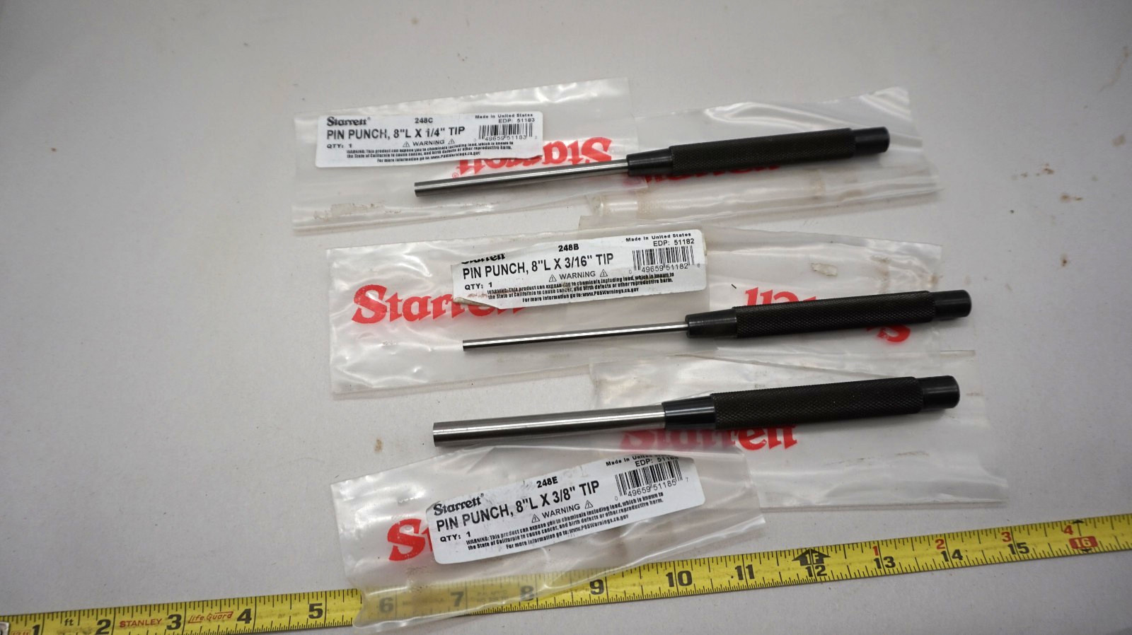 L.S. Starrett USA 3pc Long Drive Pin Punches 248B ,248C, 248E 3/16", 1/4" & 3/8" gallery
