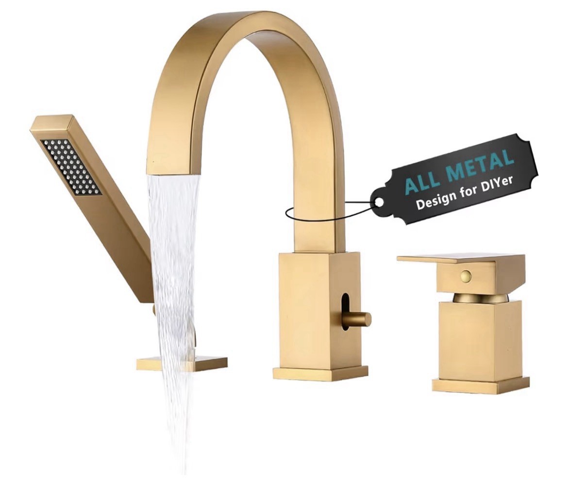 Brass Roman Tub Faucet with Sprayer, Deck Mount Bathtub - Brushed Gold gallery