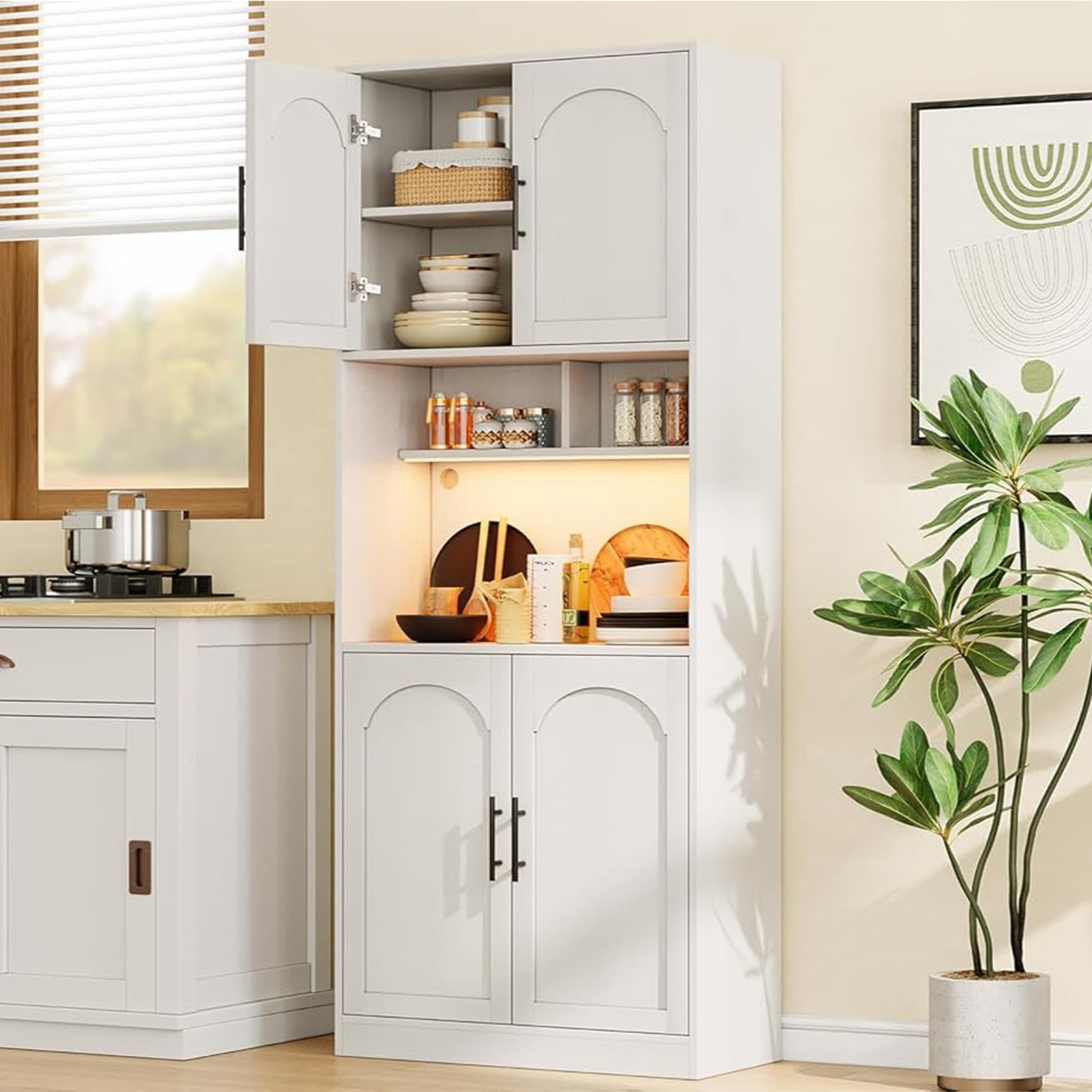Kitchen Pantry Cabinet ,Hutch Cabinet Cupboard with LED Lights & Microwave Shelf gallery