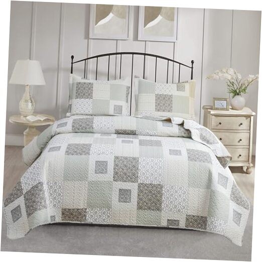 3-Piece Plaid Quilt Set Queen/Full Size, Full/Queen Gray White Floral gallery