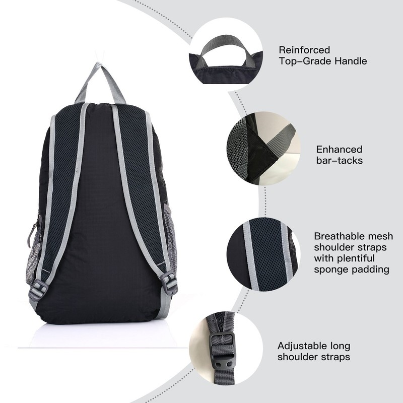 Black Packable Handy Lightweight Travel Hiking Backpack Daypack 4