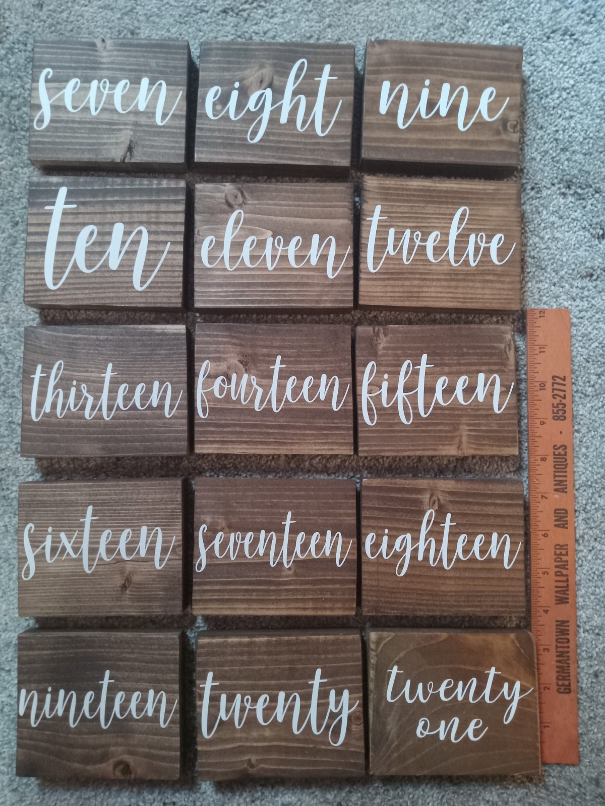 wood number blocks wedding table party cursive dark wooden 7-21 reserved sign gallery