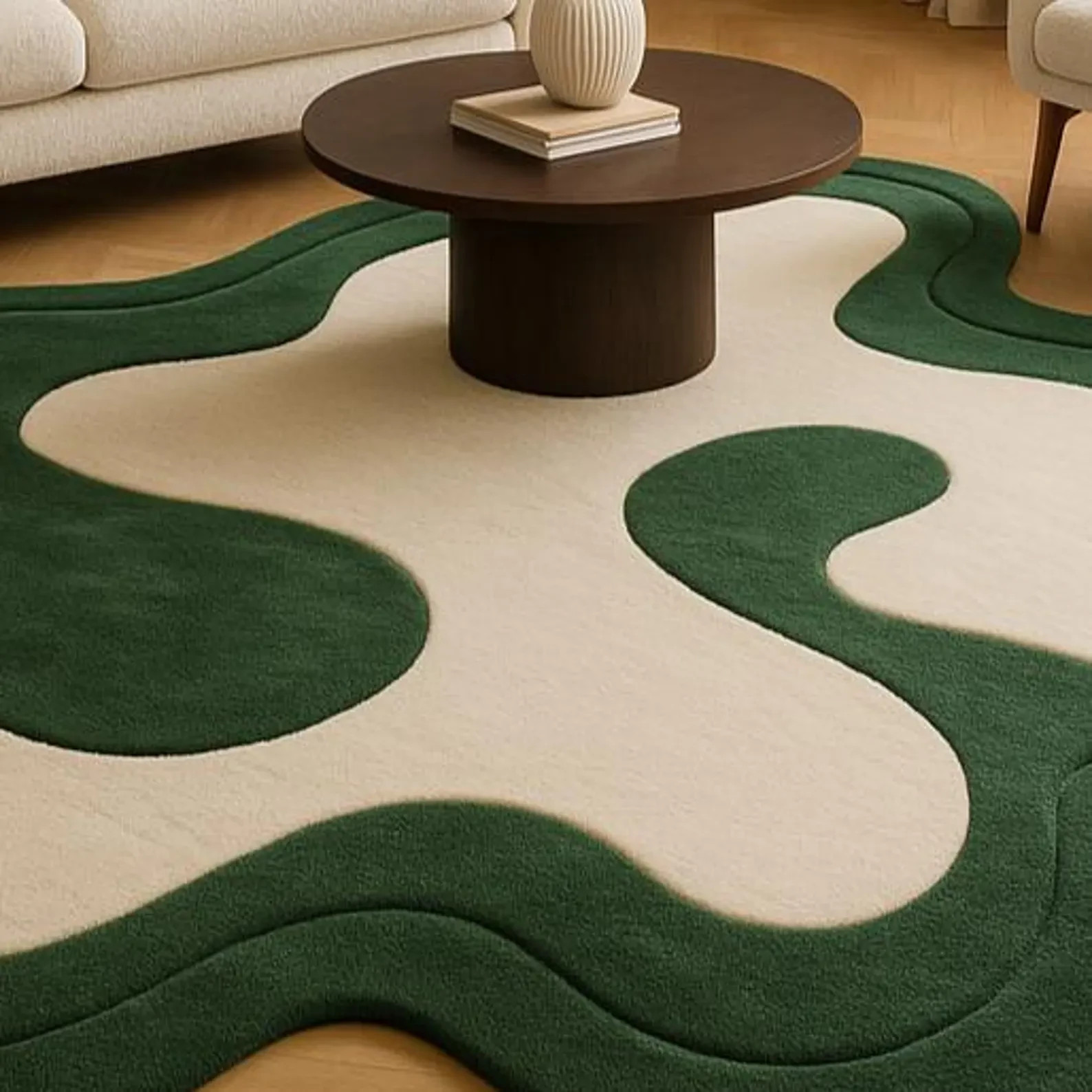Luxury Hand Tufted Irregular Shape Wool Rug – Green & Cream Modern Abstract Carp gallery