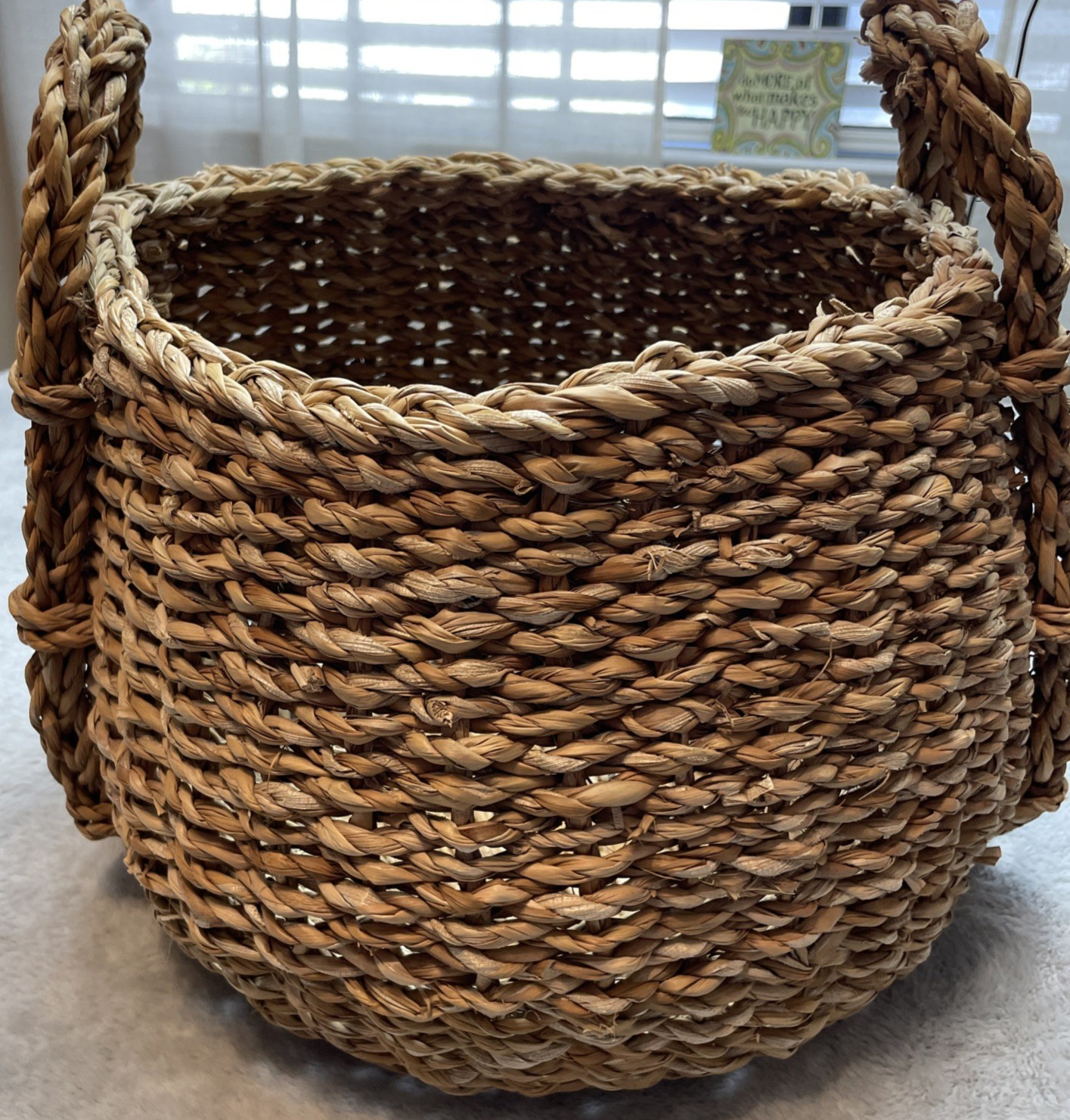 Woven Round Seagrass Belly Basket Wicker Home Storage Handled Beehive Bowl Boho gallery