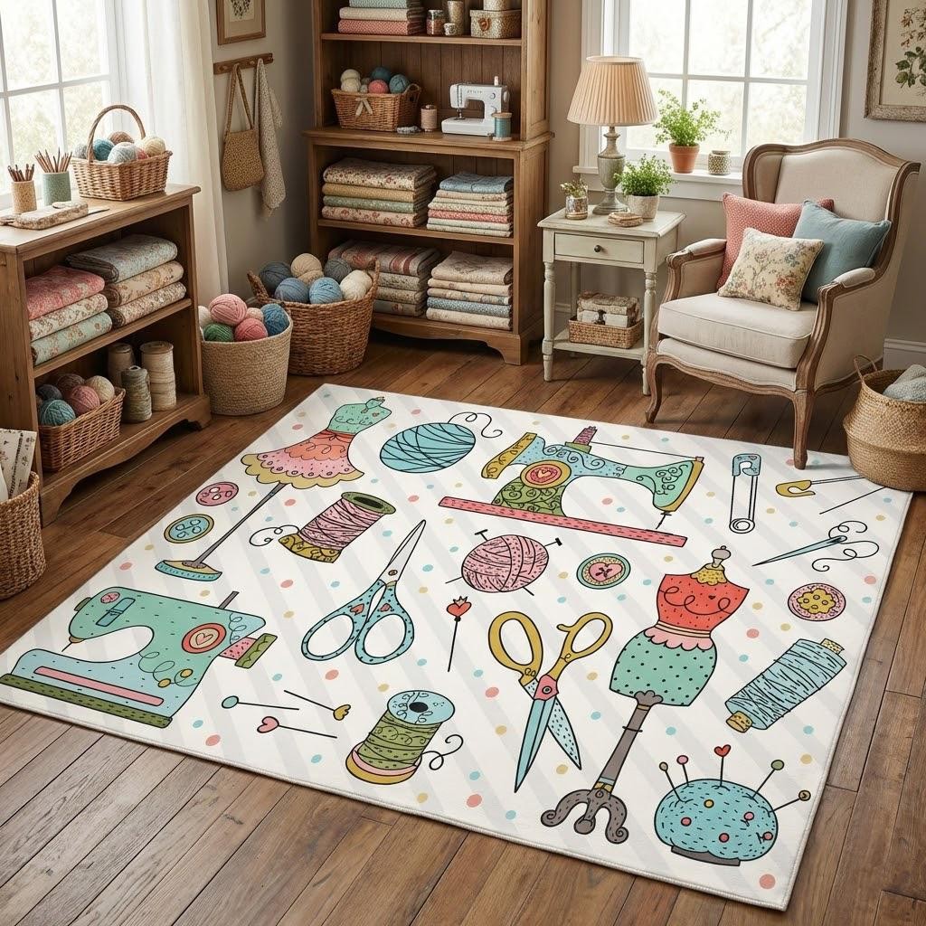 Tailor Themed Area Rug, Sewing Machine & Scissors Design, Modern Non-Slip Decor gallery