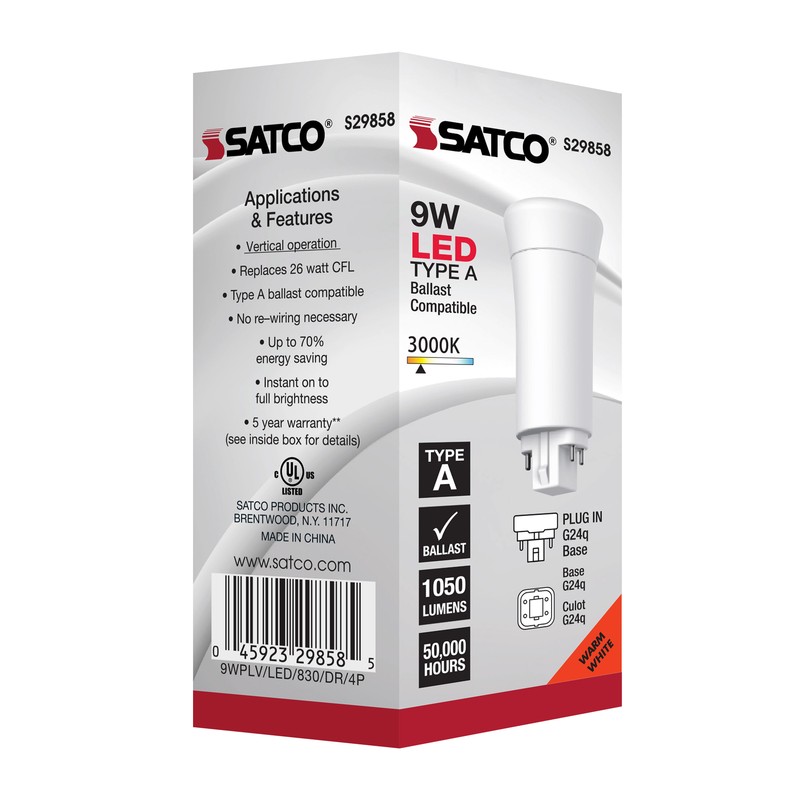 Satco S29858 LED CFL PL Replacement Vertical Bulb 9W 4-Pin G24q 3000K Warm White gallery
