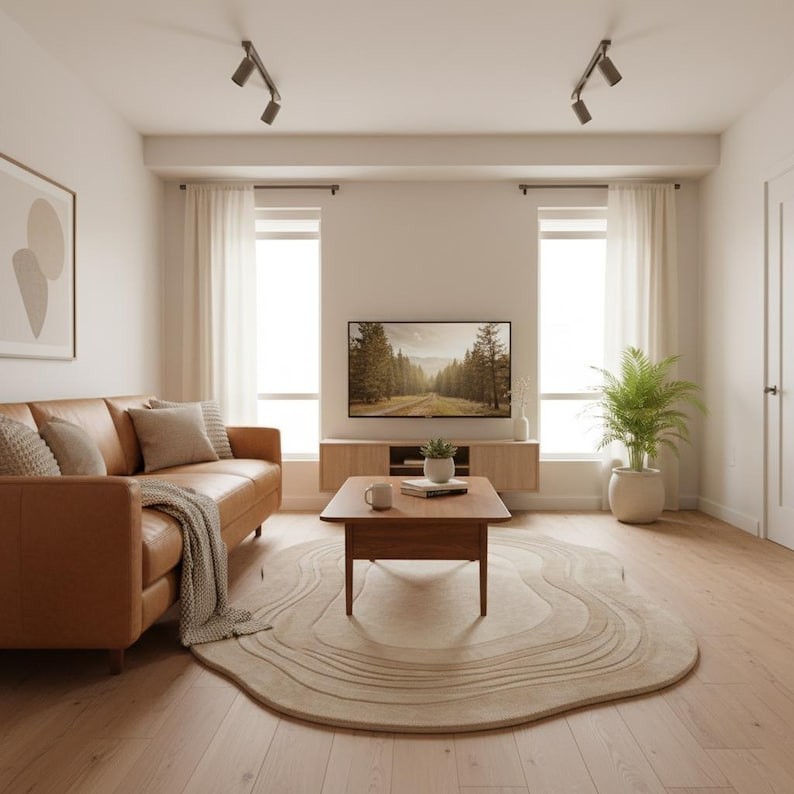 Hand Tufted Irregular Shape Rug – Minimalist Beige Area Rug, Tufted Wool Carpet gallery