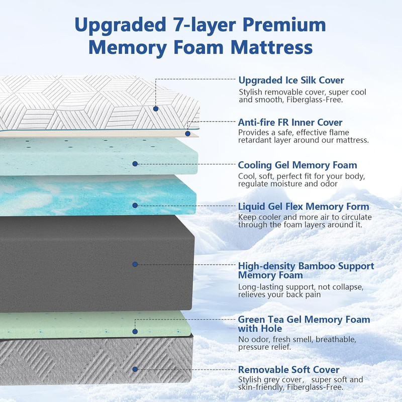 Adjustable Queen Bed Frame & 14" Gel Memory Foam Mattress with Smart Features gallery