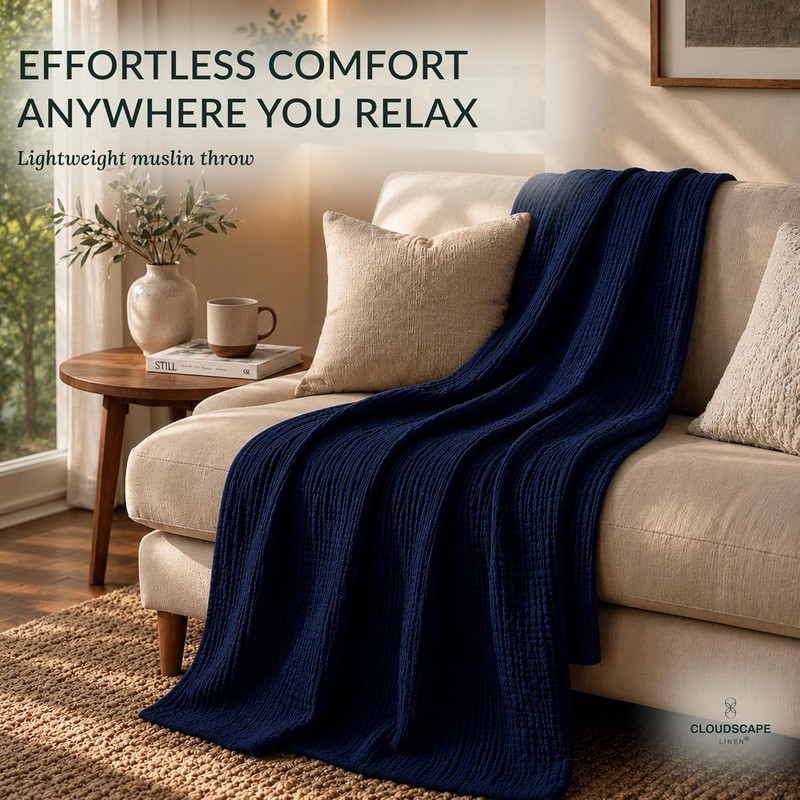 CLOUDSCAPE 8 Layer Cotton Muslin Blanket - Soft Oversized Throw in Ensign Blue gallery