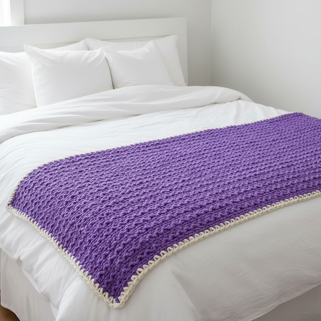 Handmade Chunky Knit Blanket Purple with White Trim Broken Herringbone Stitch gallery