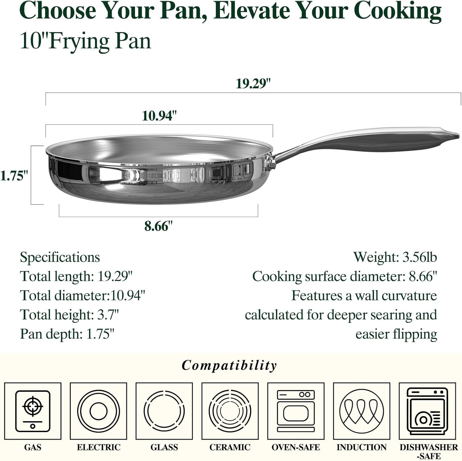 10 Inch Stainless Steel Frying Pan, Non-Toxic 5 Ply Stainless Clad, Professional gallery