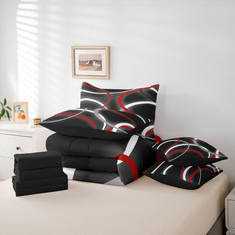 Red Geometric Comforter Set Queen Size 7 Pieces Modern Bedding gallery