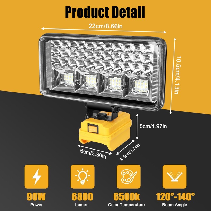 LED Work Light Flashlight for De walt 20V MAX Battery 90W 6800LM with USB Port gallery