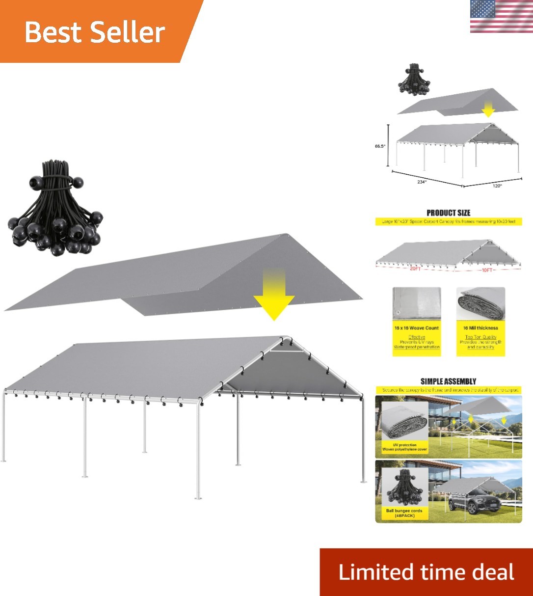 10x20 Ft Grey Carport Canopy Cover - Waterproof & UV Protected Replacement Tent gallery