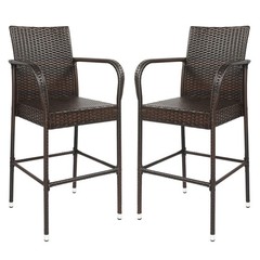 2PC Outdoor Bar Stools Rattan Bar Stool Wicker Chairs Patio Height Chair w/ Arms