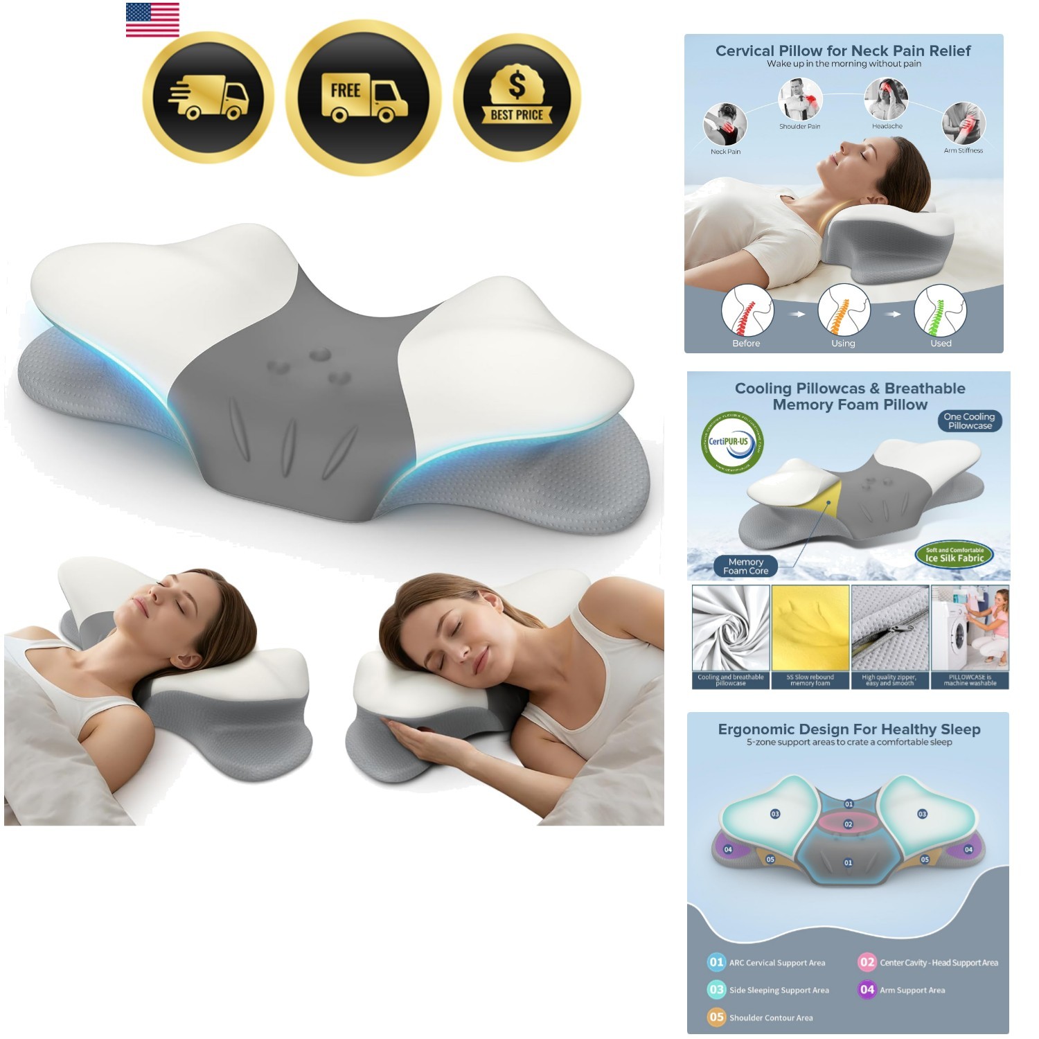 Cervical Neck Pillow Memory Foam Support Travel Office Sleep Pain Relief gallery