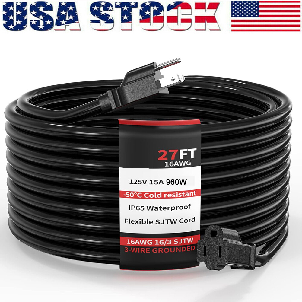 27ft 3-Core Outdoor Black Extension Cord SJTW 16AWG/15A 3 Prong 960W Waterproof gallery