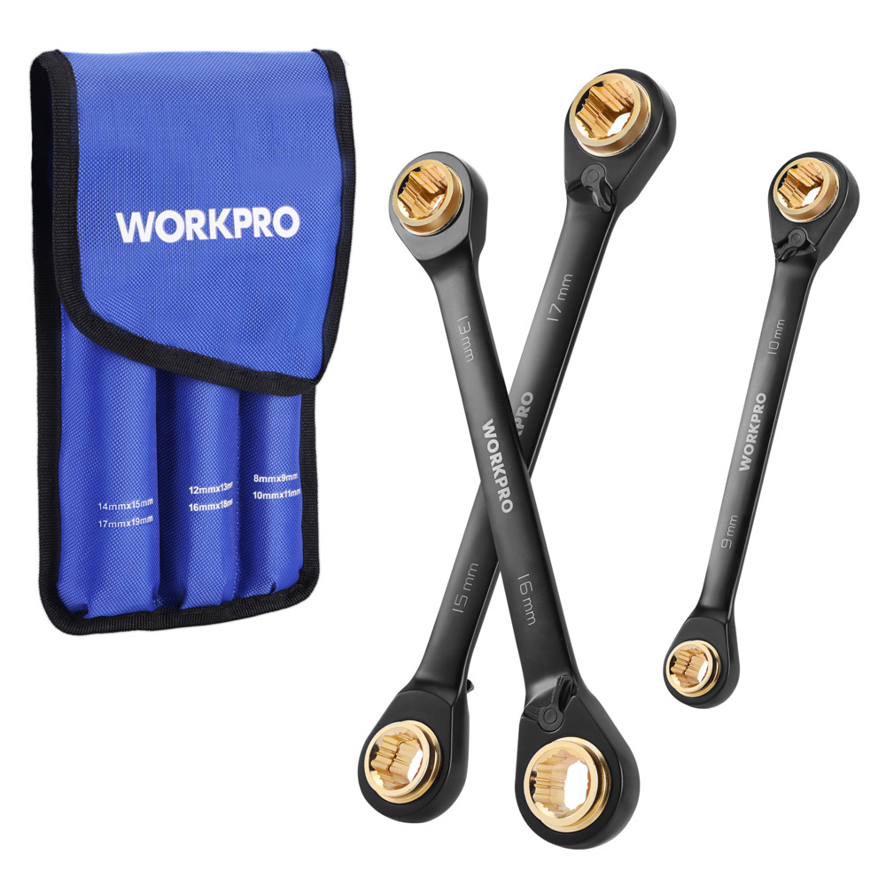 WORKPRO 3PC 4-in-1 Reversible Ratcheting Wrench Set 8-19mm Metric Double Box End gallery