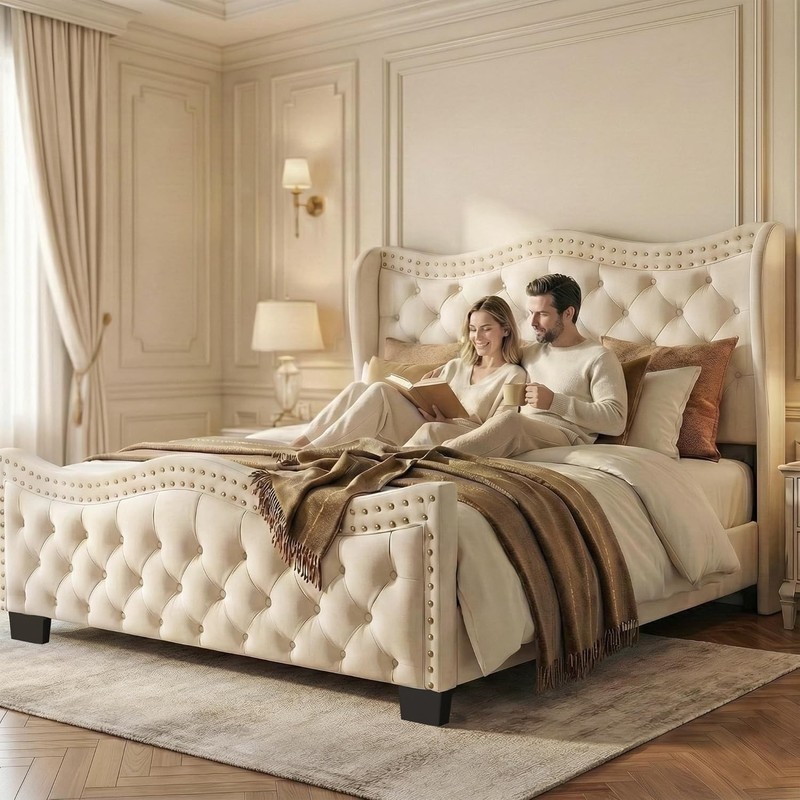 50" Tall Queen Wingback Bed Frame, Cream Ivory Velvet Button Headboard Footboard gallery