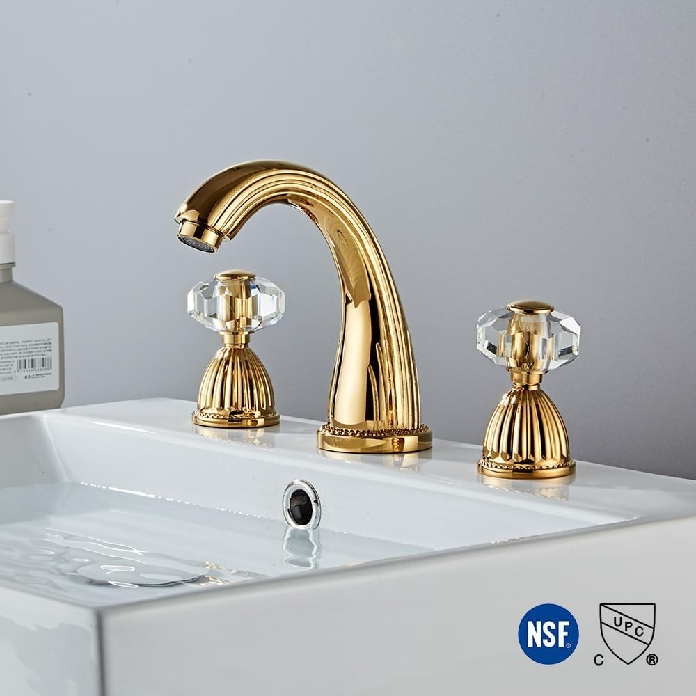 Shiny Polished Gold Widespread Bathroom Sink Faucet, Two Crystal Handle & Drain gallery