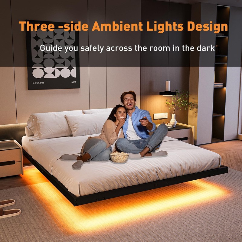 Floating Bed Frame Queen 14 Inch with LED Lights Charging Station Easy Assembly gallery