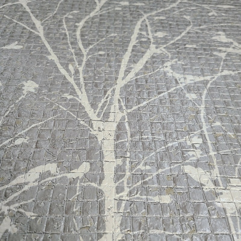 Cream gray silver metallic square tiles textured floral branches Wallpaper rolls gallery