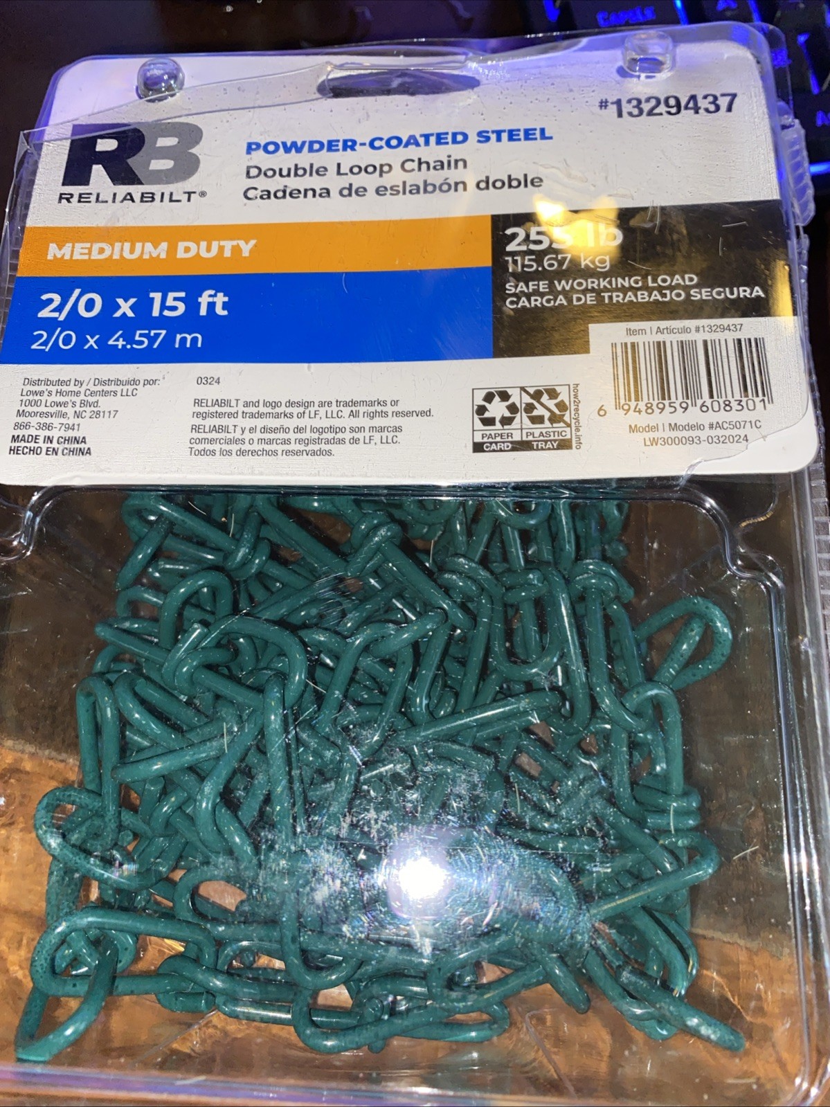 2/0 x 15-ft Double Loop Chain, Green Powder Coated Steel Chain, 255lb Load gallery
